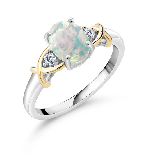 2 Tone 10K Yellow Gold and 925 Sterling Silver Oval Cabochon White Simulated Opal and Lab Grown Diamond Women Ring (1.08 Cttw, Available in Size 5,6,7,8,9)