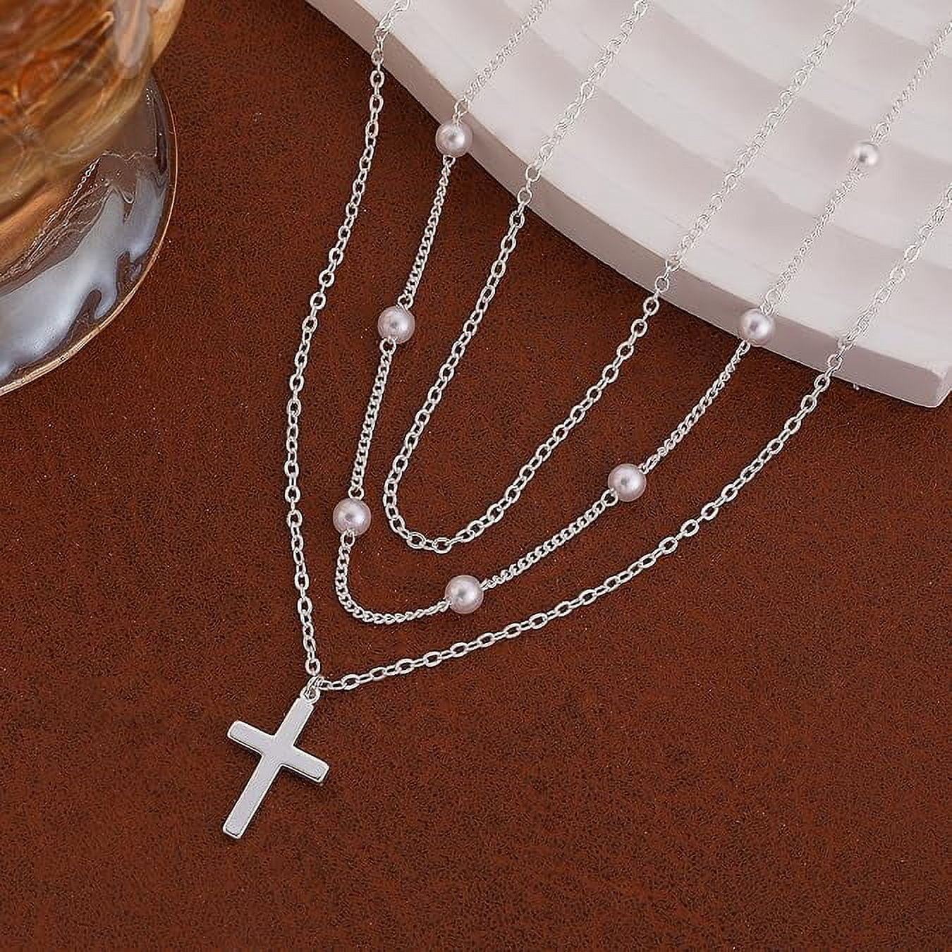 Layered Cross Necklace for Women Dainty Classic Fashionable Pearl Cross Pendant Layered Necklace Weddings Graduations Days Travel Gifts
