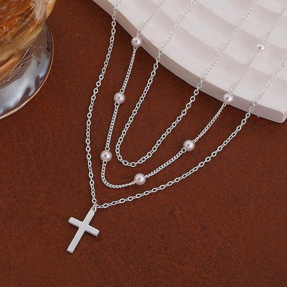 Layered Cross Necklace for Women Dainty Classic Fashionable Pearl Cross Pendant Layered Necklace Weddings Graduations Days Travel Gifts