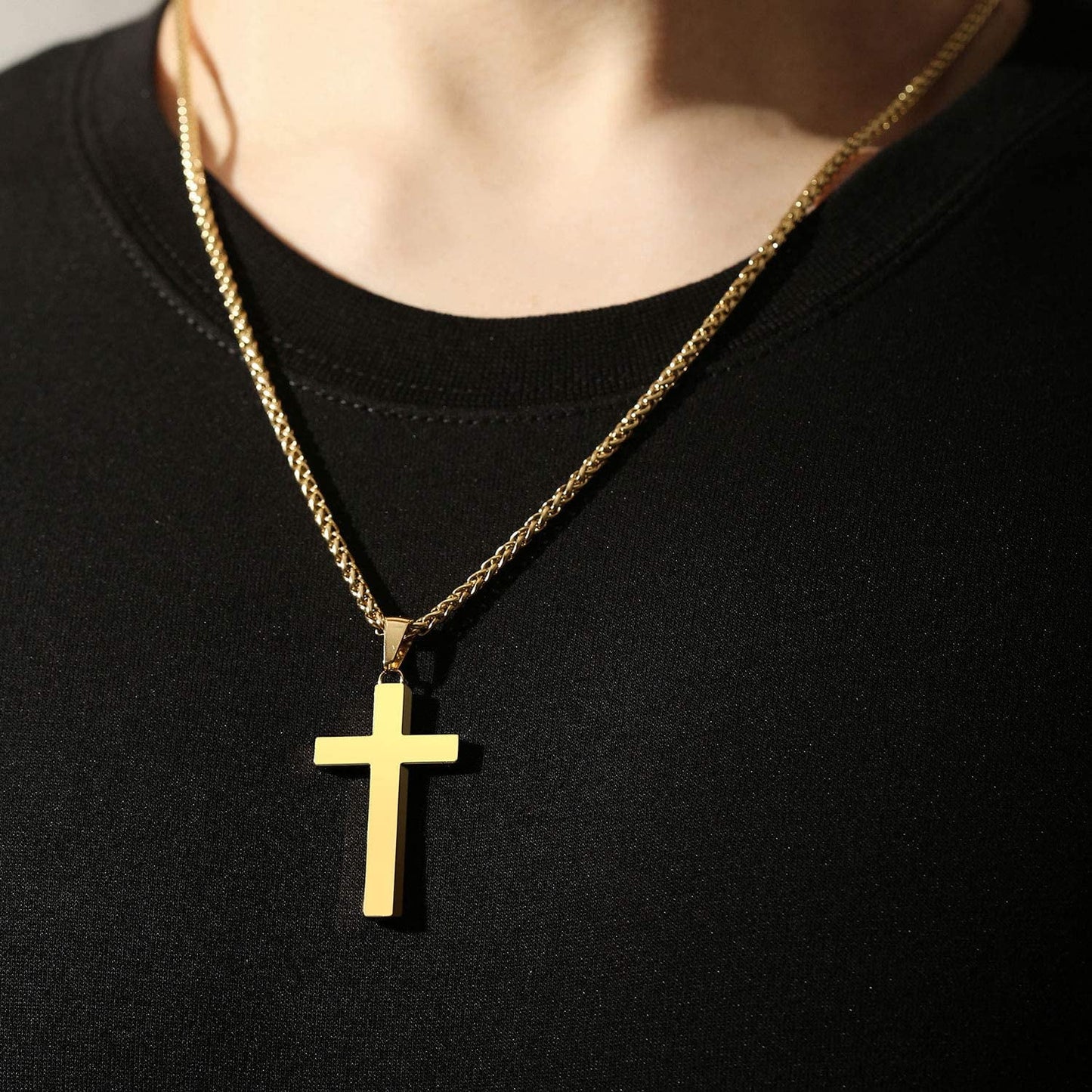 Gold Cross Necklaces for Men Stainless Steel Cross Pendant Chain Catholic Religious Christian Birthday Jewelry Gifts Ideas Dad Husband Son Tween Preteen Boyfriend Teen Teenage Age