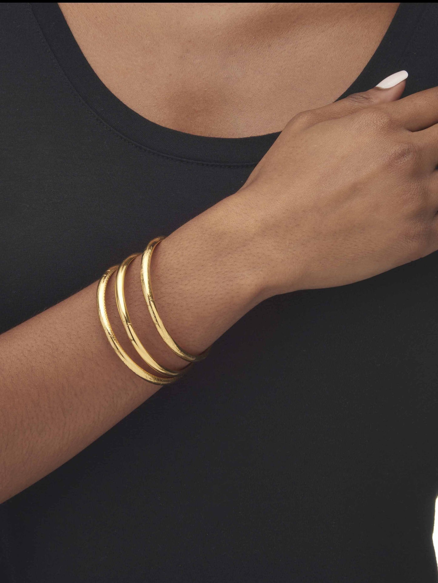 Polished, Engraved and Floral Three-Piece Bangle Set in Yellow Gold-Plated or Sterling Silver