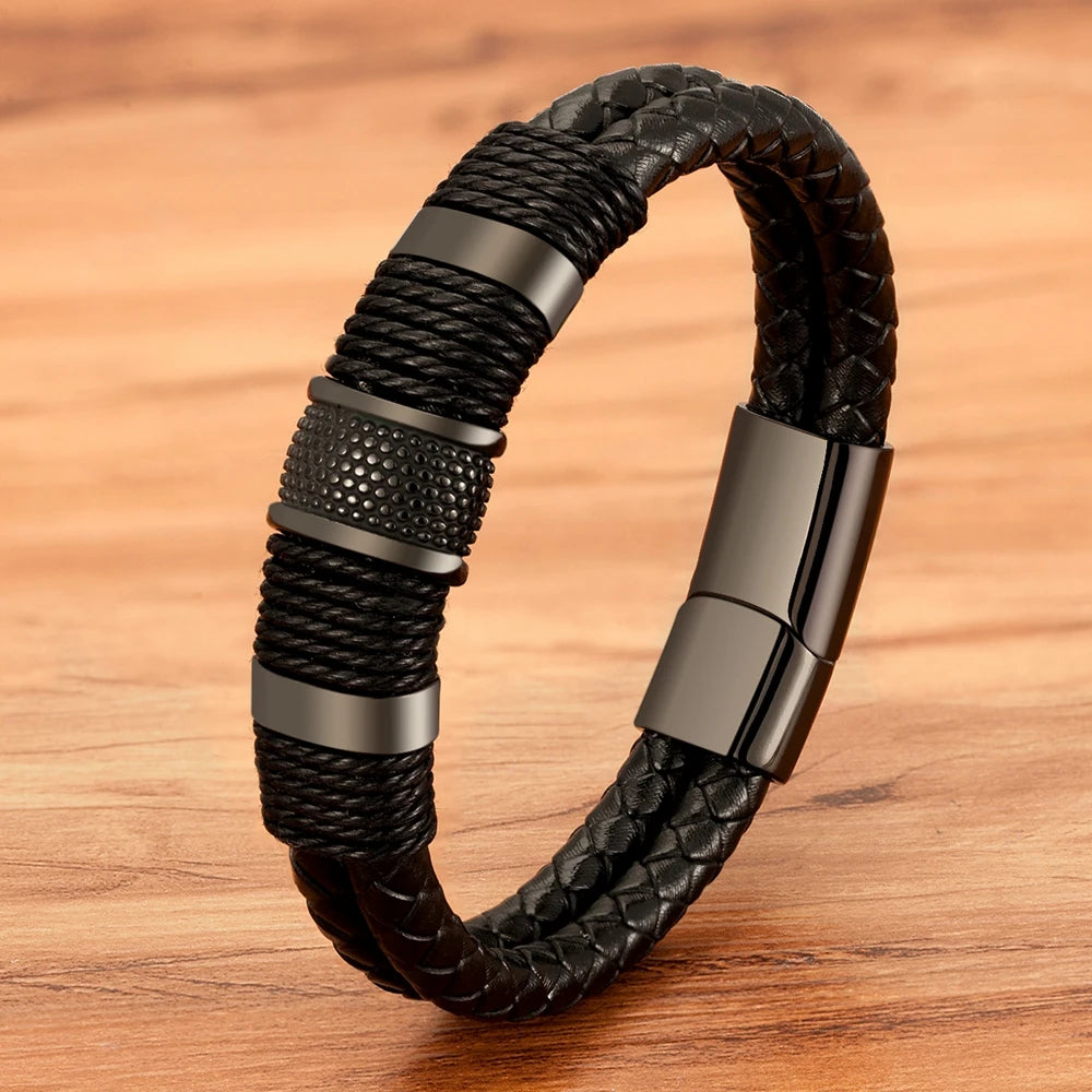 Braided Rope Wrap Leather Bracelets for Men Bangles Fashion Male Women Charm Stainless Steel Clasp Jewelry DIY Customization