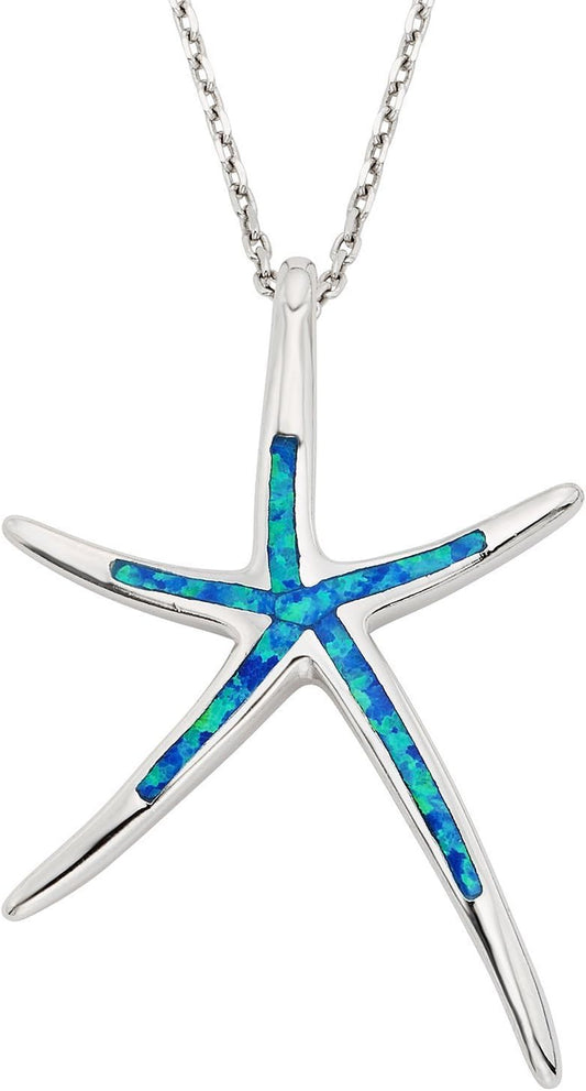 Sterling Silver, Gold Tone or Rose Tone Created Blue, White or Pink Opal Starfish 18" Pendant Necklace