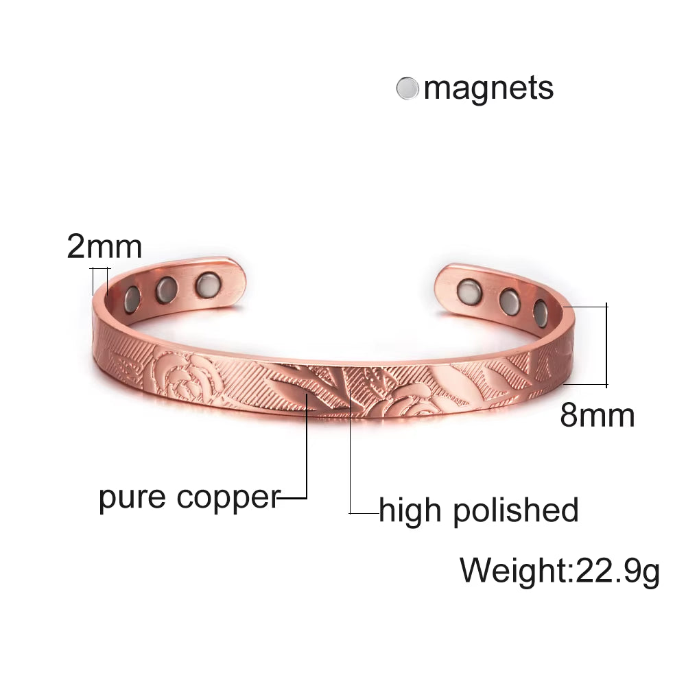 Magnetic Bracelets Rose Copper Adjustable Cuff Bangles Women Men Energy Jewelry Resizable Pain Relief for Arthritis