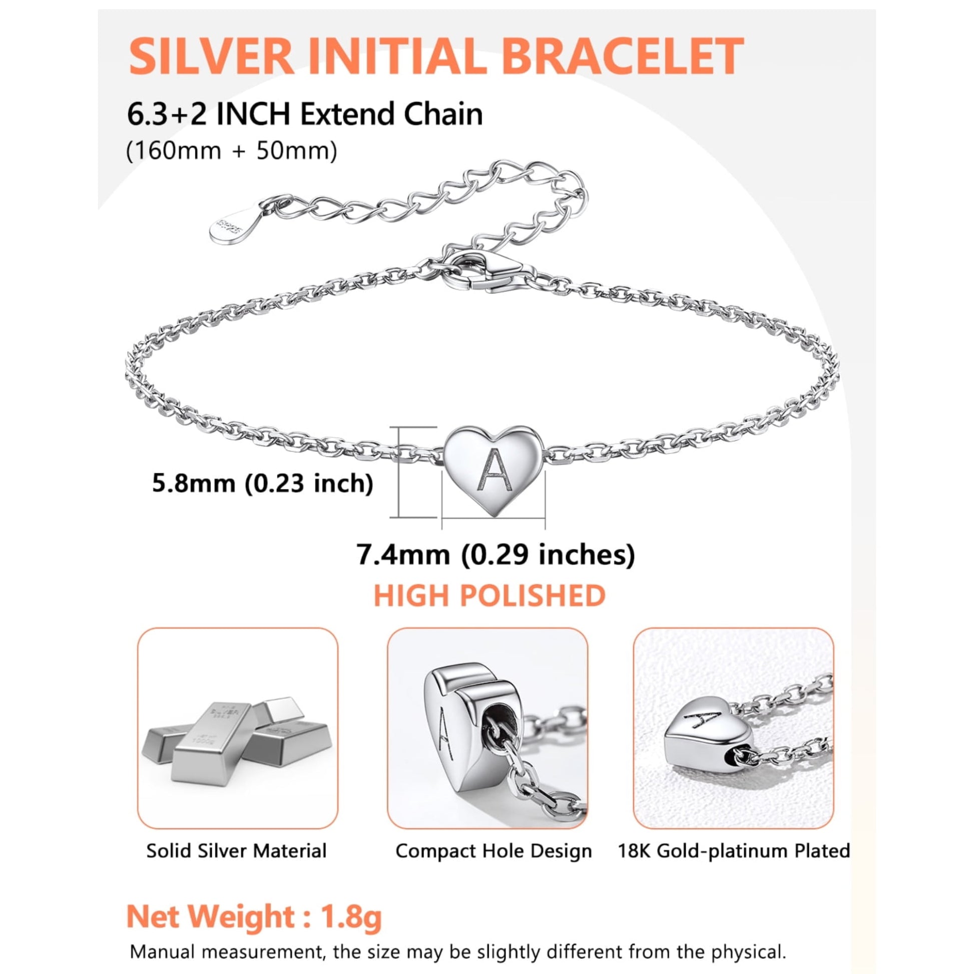 Women Cute Letter Bracelet S925 Sterling Silver Initial Heart Letter U Chain Bracelet Jewelry Gift for Girlfriend/Sister/Niece