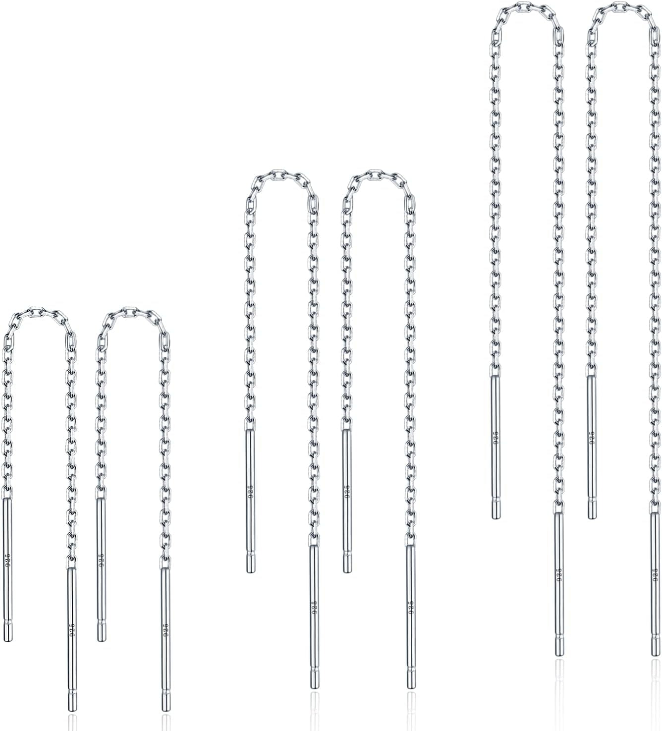 3 Pairs Threader Earrings 925 Sterling Silver Long Chain Earrings Bar/Ball Wrap Threader Drop Earrings for Women Lightweight Minimalist Mother'S Day Jewelry Set