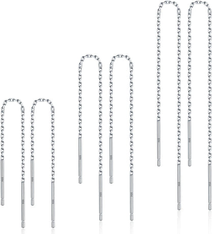 3 Pairs Threader Earrings 925 Sterling Silver Long Chain Earrings Bar/Ball Wrap Threader Drop Earrings for Women Lightweight Minimalist Mother'S Day Jewelry Set
