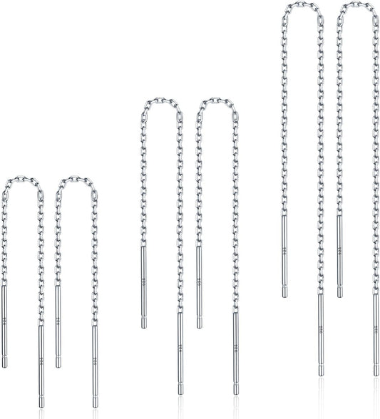 3 Pairs Threader Earrings 925 Sterling Silver Long Chain Earrings Bar/Ball Wrap Threader Drop Earrings for Women Lightweight Minimalist Mother'S Day Jewelry Set