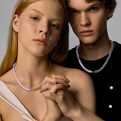 Pearl Necklaces for Men Women, Freshwater Cultured Pearl Strand, Faux Pearl, Baroque Pearl Necklace, Half Pearl Half Chain Necklace, Color White or Black Pearl Chokers