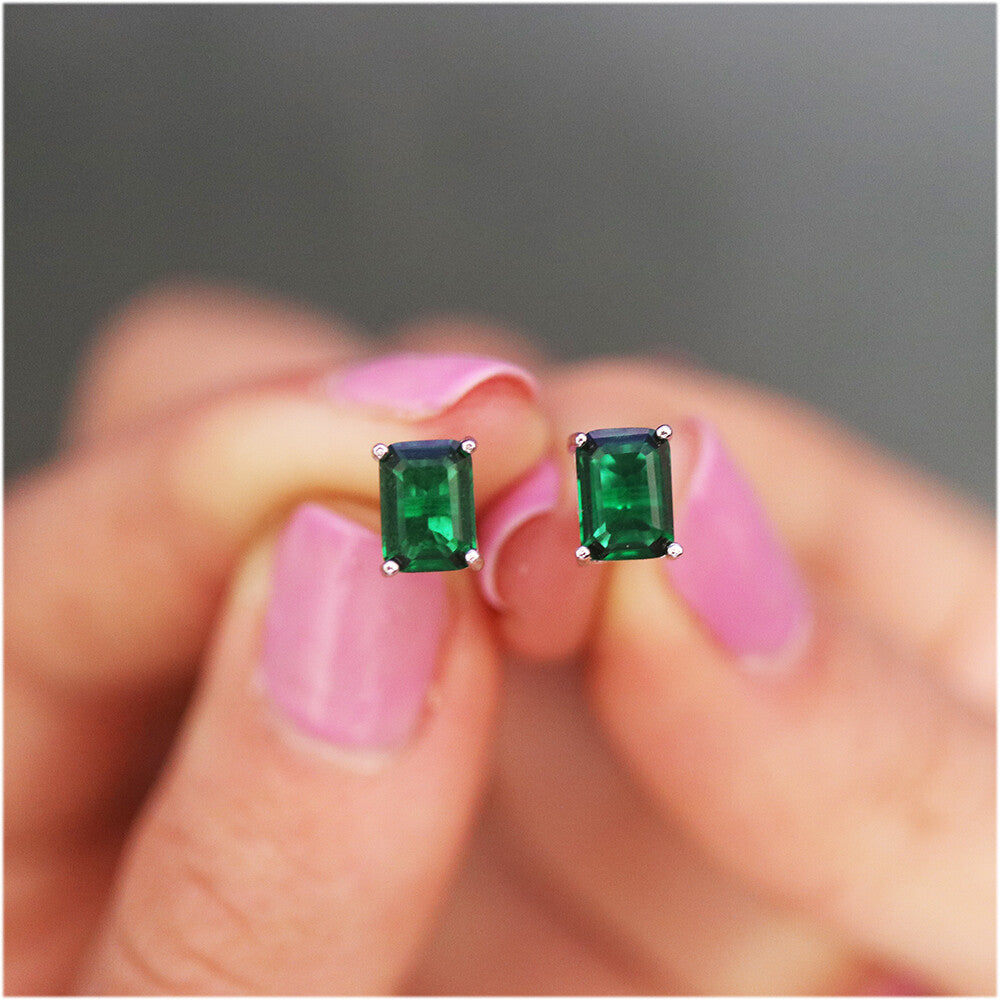 Women'S 925 Sterling Silver 2.00CTTW Emerald Cut Emerald Stud Earrings 7X5Mm