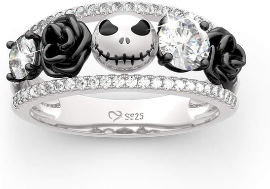 1.76 Ct Skull Wedding Band 925 Sterling Silver Diamond Eternity Rings Rose Flower Engagement Rings Anniversary Promise Romantic Jewelry Gift