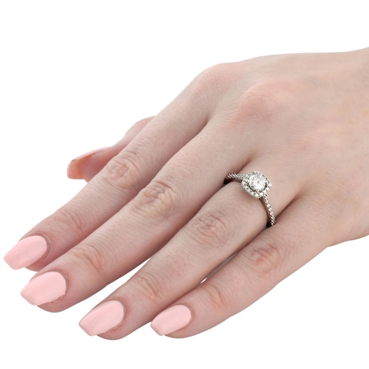 Pompeii 1 1/5Ct round Diamond Cushion Halo Engagement Ring 10K White Gold (G/H,I1-I2)