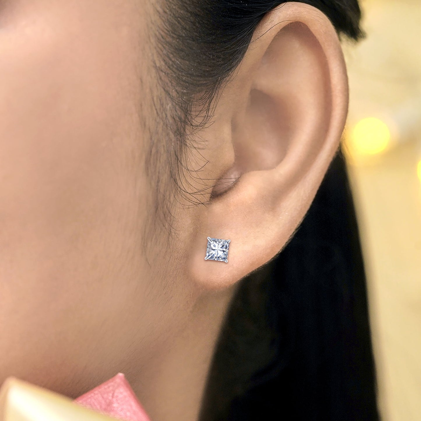 2 Carat Princess Cut Moissanite 4 Prong Solitaire Stud Earrings in 18K White Gold Plating for Women