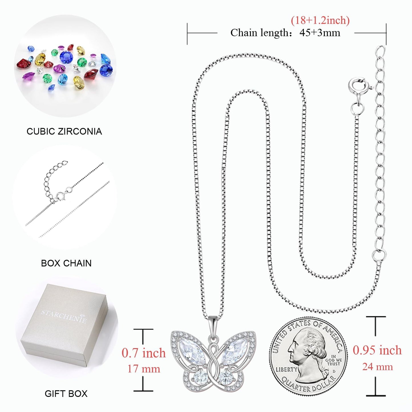 Butterfly Pendant Necklace Women 925 Sterling Silver April Birthstone Cubic Zirconia Butterfly Jewelry Gifts