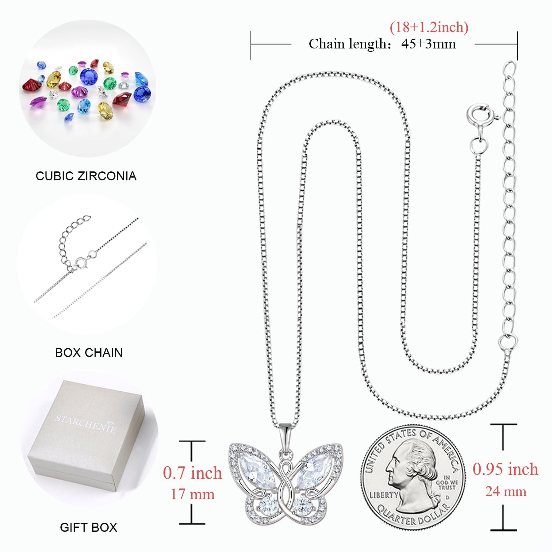 Butterfly Pendant Necklace Women 925 Sterling Silver April Birthstone Cubic Zirconia Butterfly Jewelry Gifts