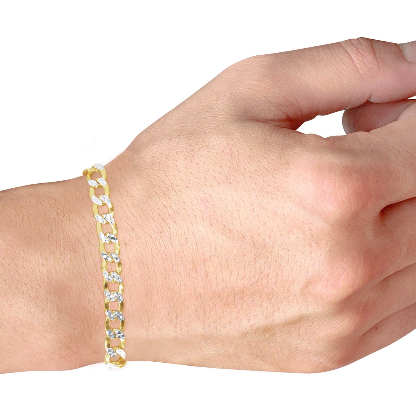 14K Real Yellow Gold Cuban Curb Link 6.5Mm Diamond Cut Pave Chain Bracelet (7"-9") Two Tone Italian Jewelry for Men