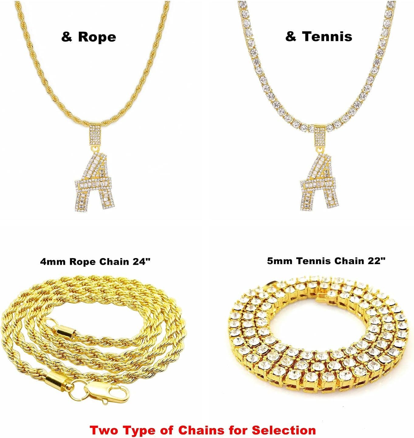Bling Silver Gold Iced Out Baguette Initial Letter Necklaces for Men Women Big Cz Diamond Capital Letter Pendant A-Z with Rope Tennis Chains
