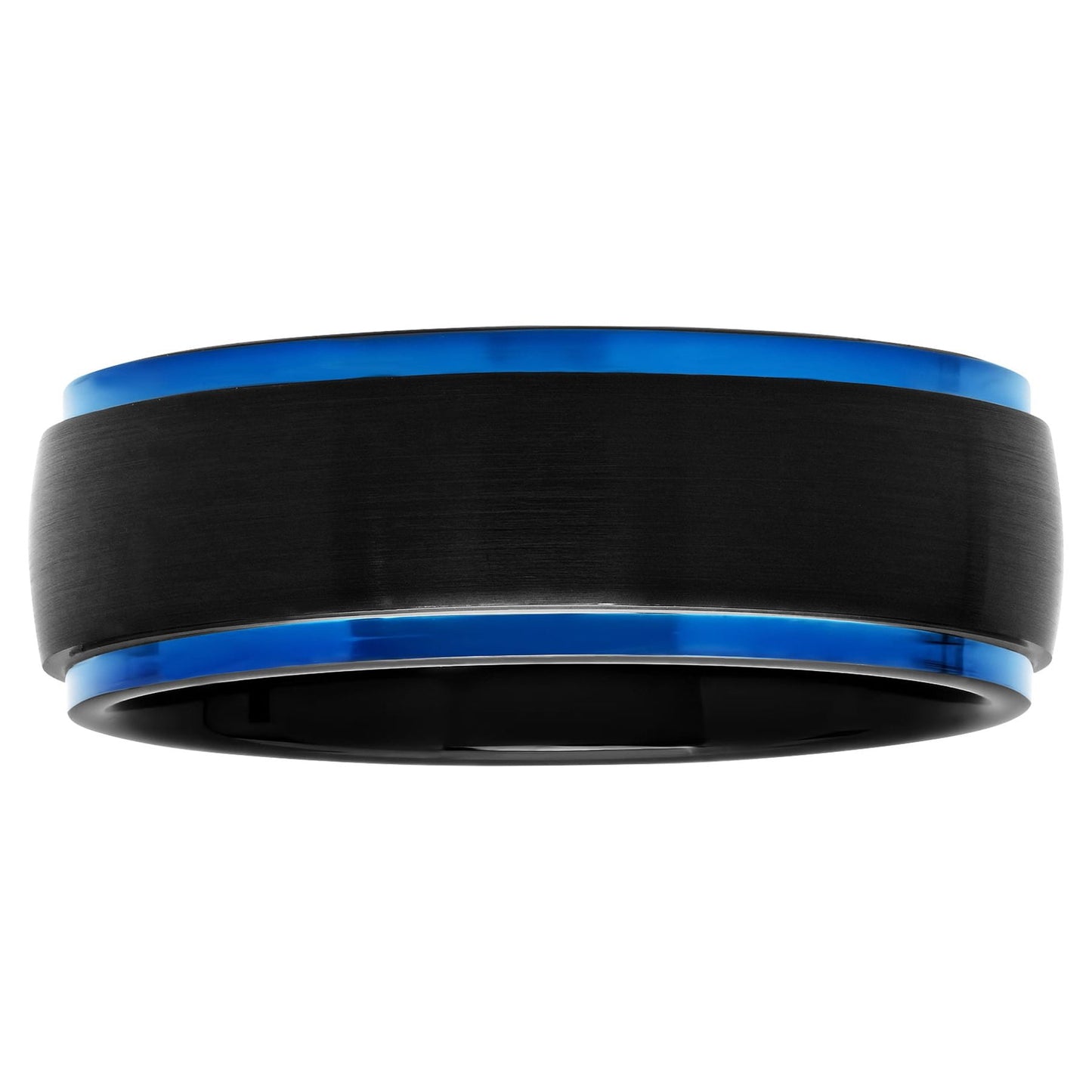 Men'S Black & Blue Tungsten Satin Finish Step Edge 8MM Wedding Band