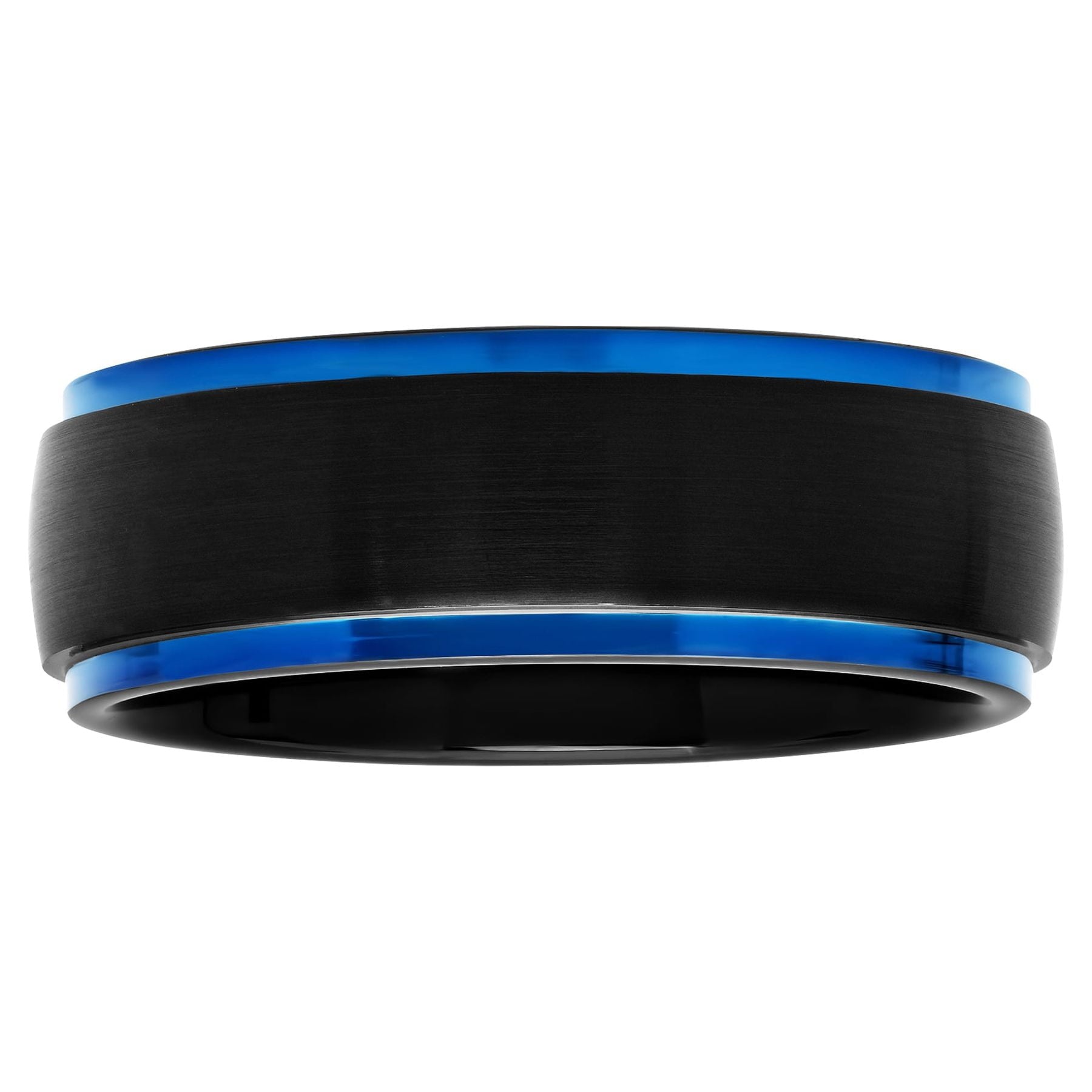 Men'S Black & Blue Tungsten Satin Finish Step Edge 8MM Wedding Band