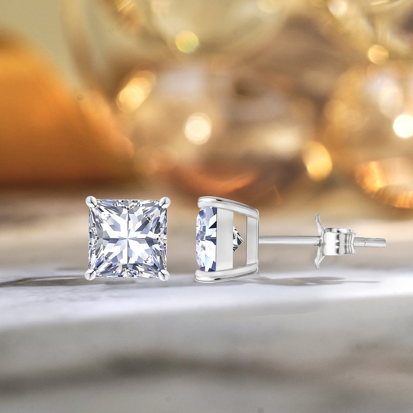 2 Carat Princess Cut Moissanite 4 Prong Solitaire Stud Earrings in 18K White Gold Plating for Women