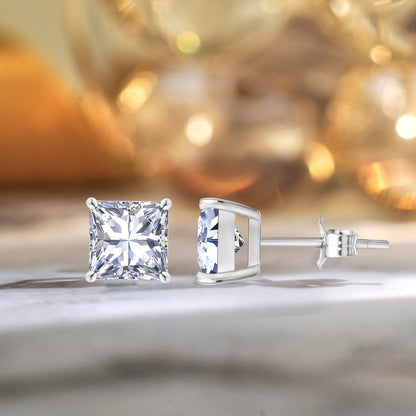 2 Carat Princess Cut Moissanite 4 Prong Solitaire Stud Earrings in 18K White Gold Plating for Women