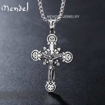 MENDEL Mens Stainless Steel Jesus Christ Crucifix Cross Pendant Necklace for Men