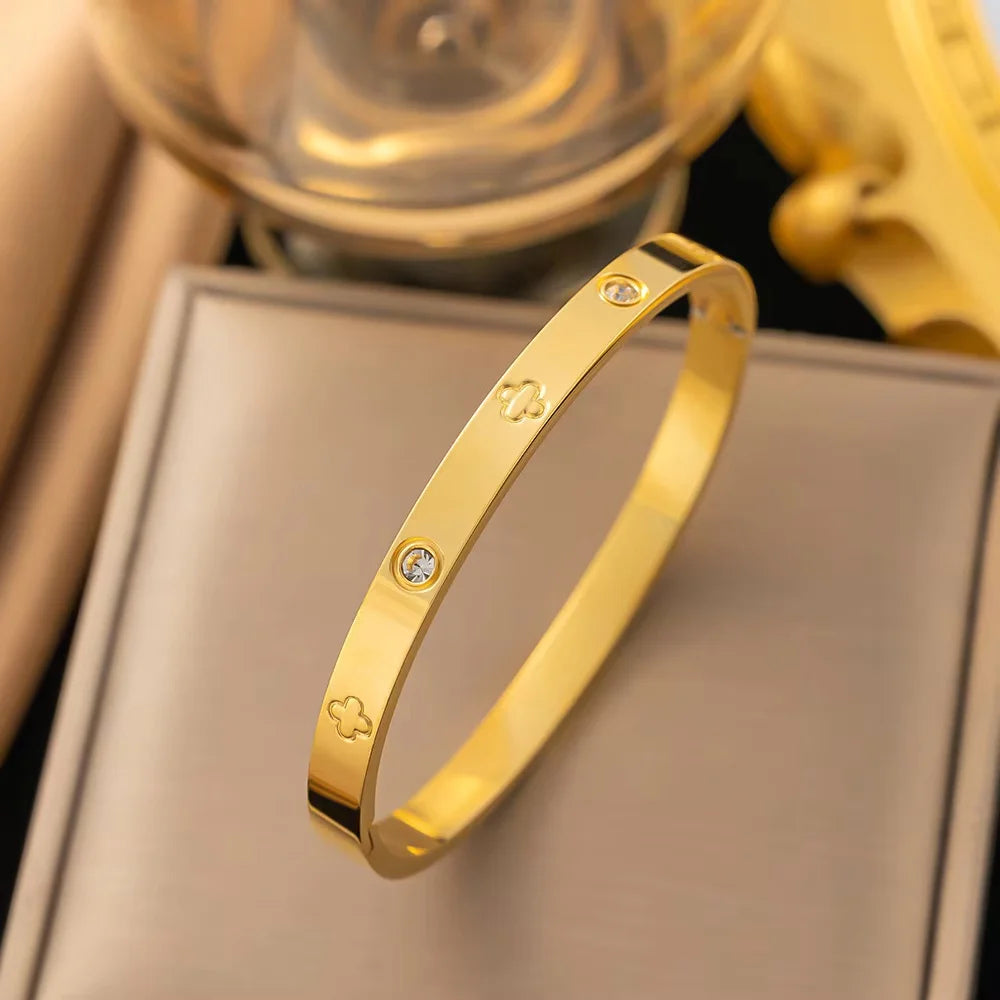 Trendy Shining Zircon Bracelets for Women Clover Print Love Pulseiras Stainless Steel Bangles Feminina Jewelry Gift