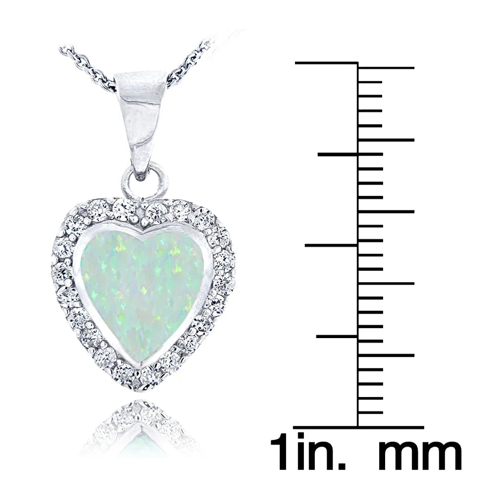 Sterling Silver Created White Opal & CZ Heart Necklace