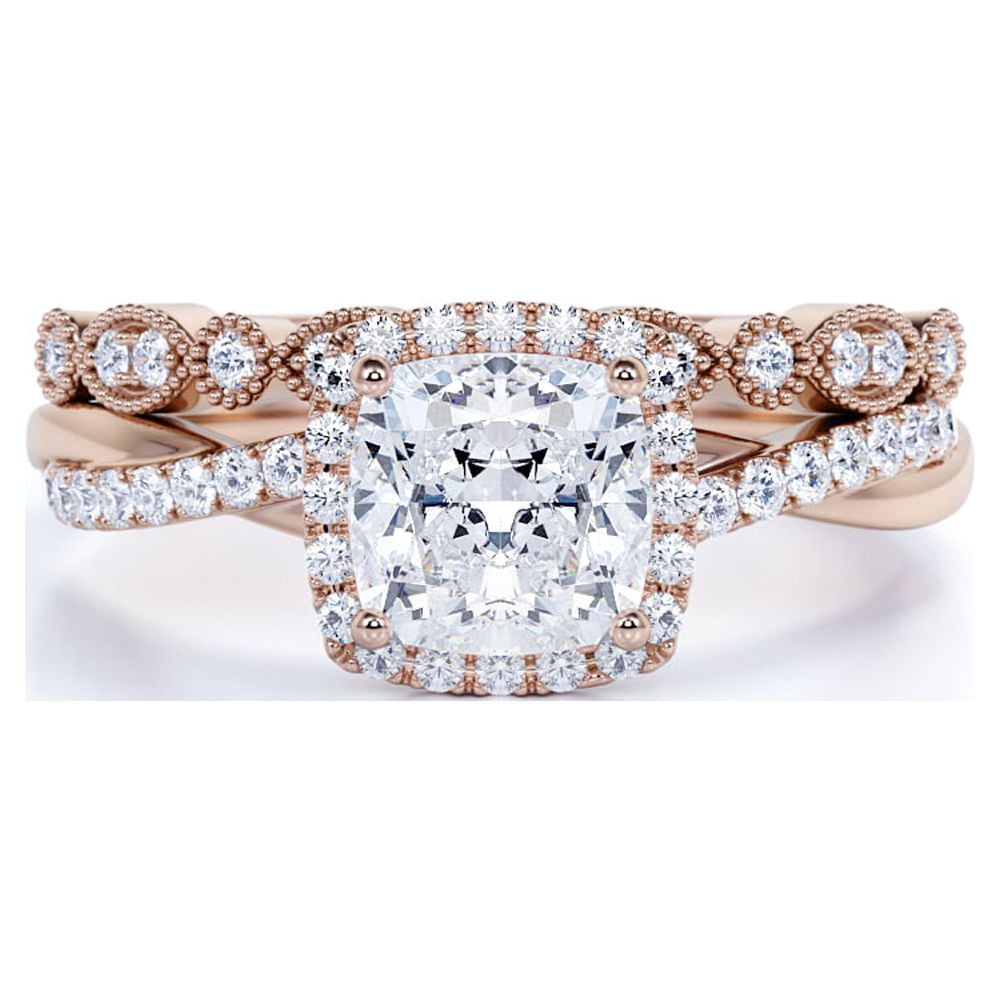 Art Deco Ring 1.75 Carat Cushion Cut Moissanite Wedding Set in 18K Rose Gold over Silver