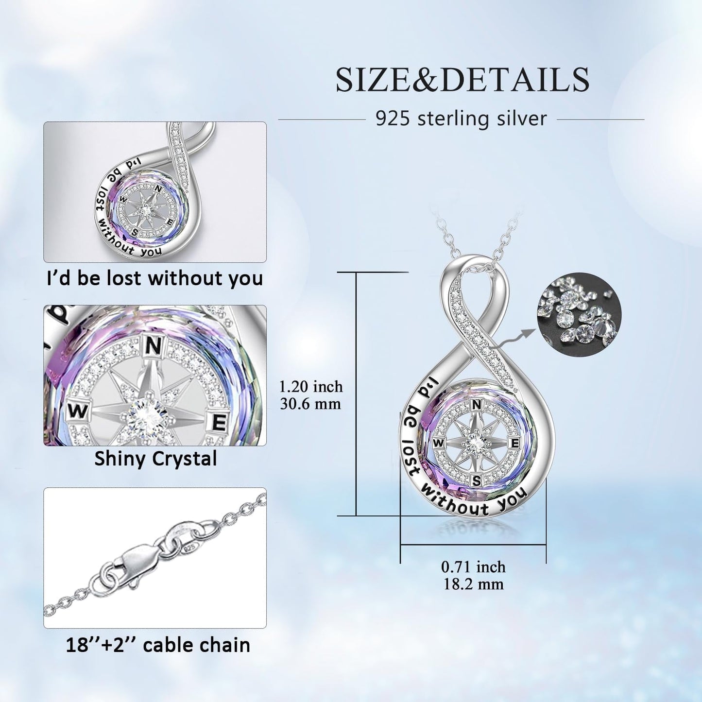 Graduation Gifts I'D Be Lost without You Compass Necklace for Women Sterling Silver Infinity Necklace with Purple Crystal Jewelry Birthday Gifts for Women