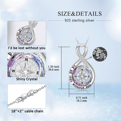 Graduation Gifts I'D Be Lost without You Compass Necklace for Women Sterling Silver Infinity Necklace with Purple Crystal Jewelry Birthday Gifts for Women