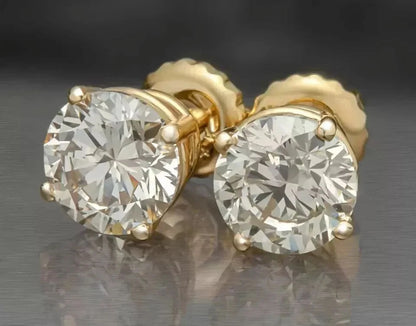 round Cut White Diamond Screw Back Stud Earrings in 14K Yellow Gold Plated, 2 Carat