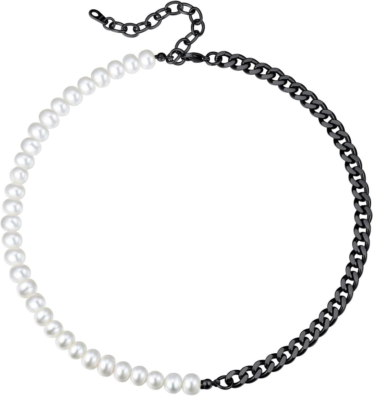 Pearl Necklaces for Men Women, Freshwater Cultured Pearl Strand, Faux Pearl, Baroque Pearl Necklace, Half Pearl Half Chain Necklace, Color White or Black Pearl Chokers