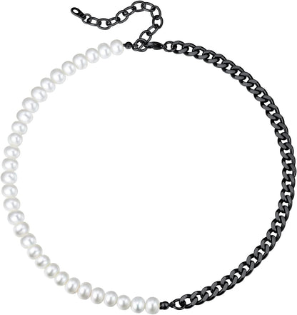 Pearl Necklaces for Men Women, Freshwater Cultured Pearl Strand, Faux Pearl, Baroque Pearl Necklace, Half Pearl Half Chain Necklace, Color White or Black Pearl Chokers
