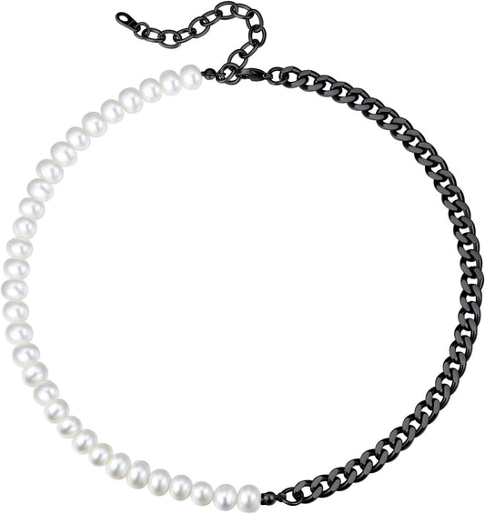 Pearl Necklaces for Men Women, Freshwater Cultured Pearl Strand, Faux Pearl, Baroque Pearl Necklace, Half Pearl Half Chain Necklace, Color White or Black Pearl Chokers