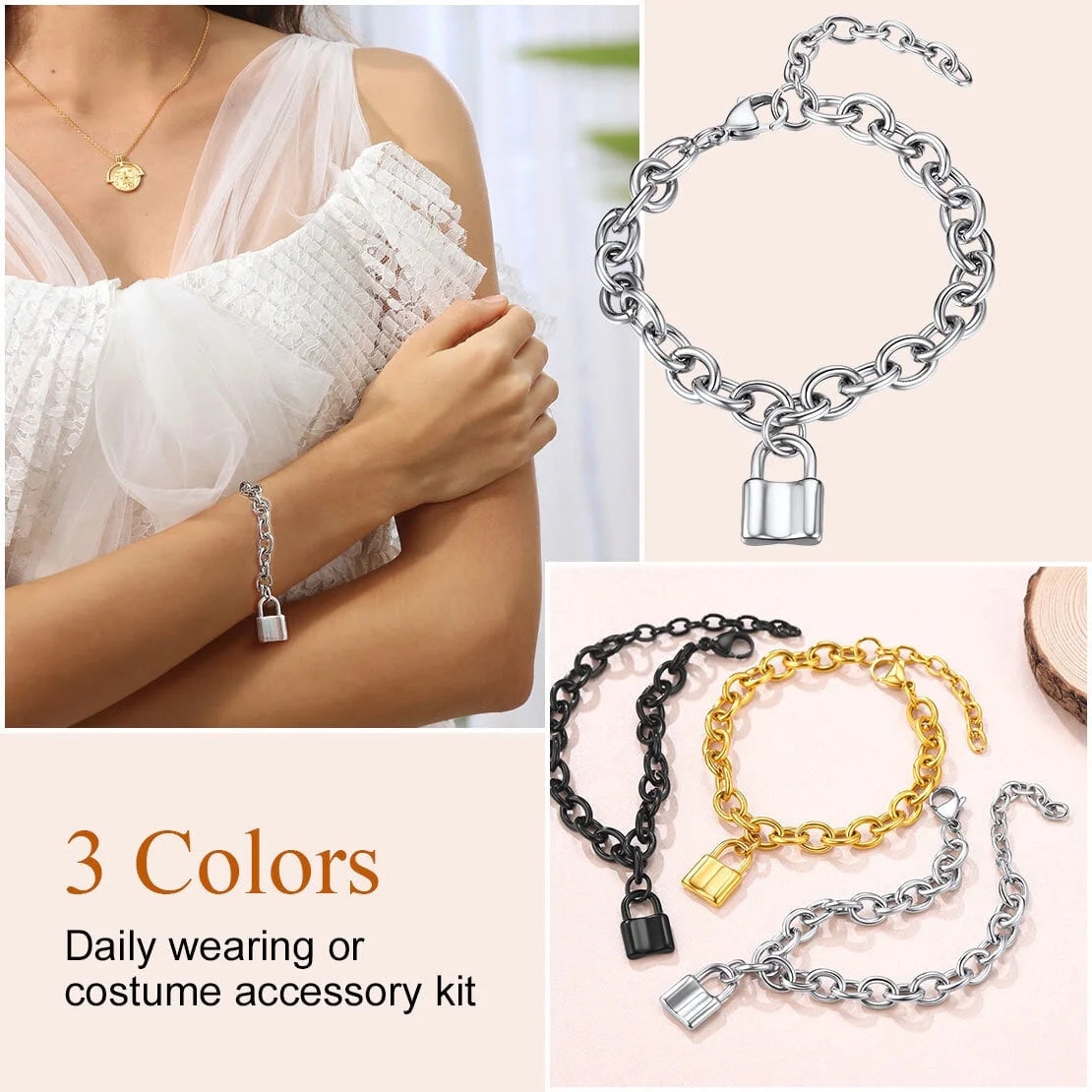 Lock Bracelets for Women Stainless Steel Interlocking Curb Chain Friendship Bracelets for Her Couple Valentine'S Christmas Day Gift (7 Inch )