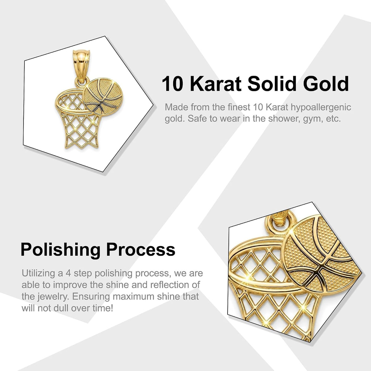 10K Solid Yellow Gold Basketball Hoop Charm Pendant