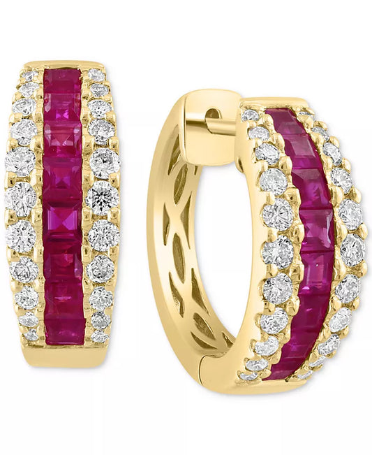 EFFYÂ® Ruby (1-5/8 Ct. T.W.) & Diamond (3/4 Ct. T.W.) Small Hoop Earrings in 14K Gold, 0.72"
