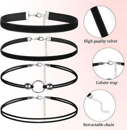 4 Pcs Black Lace Velvet Chocker Set Black Choker Necklaces for Woman Gothic Neck
