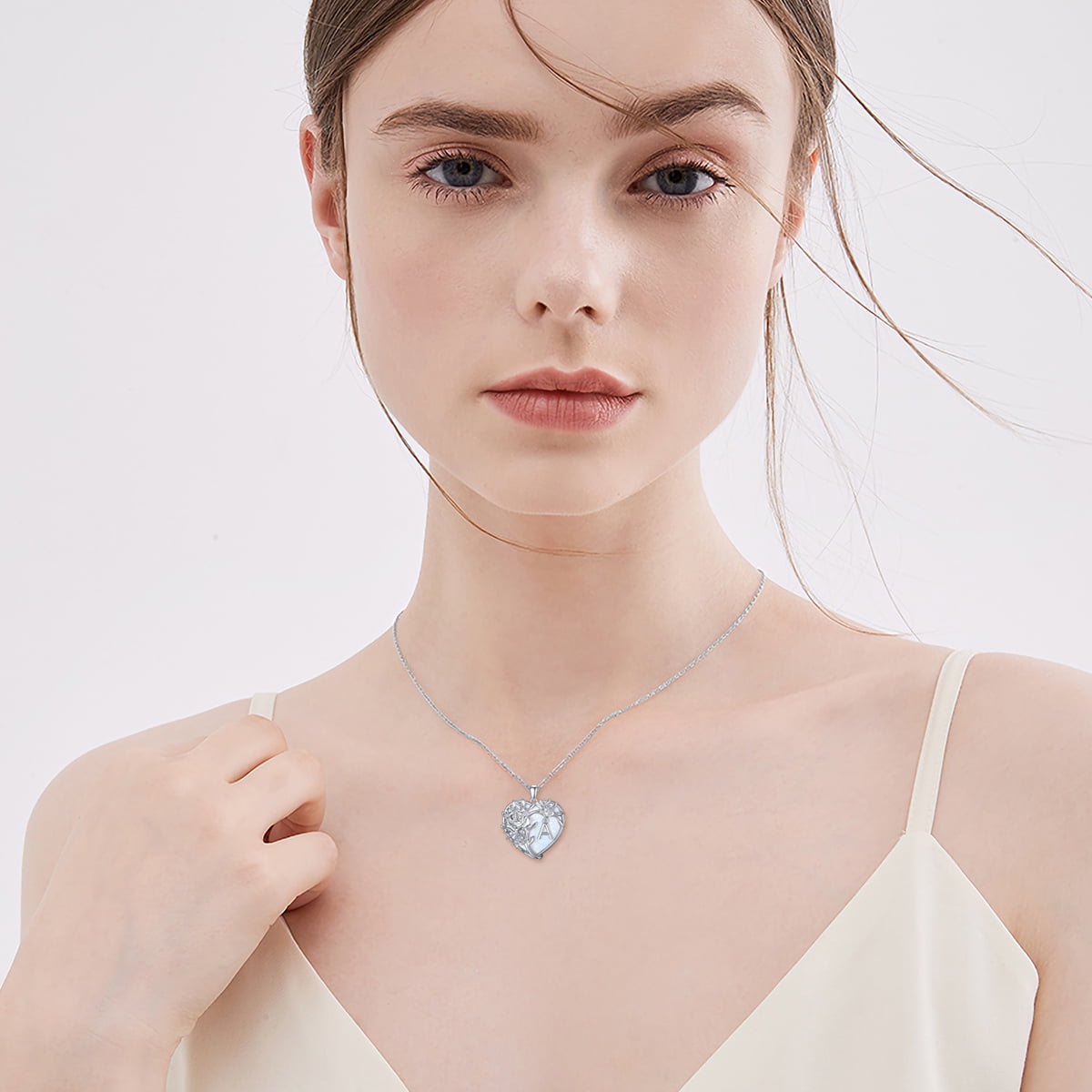 Anniversary Gifts for Women Sterling Silver Initial a Letter Pendant with Heart Opal Rose Necklaces Birthday Anniversary Jewelry Birthday Gifts