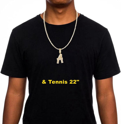 Bling Silver Gold Iced Out Baguette Initial Letter Necklaces for Men Women Big Cz Diamond Capital Letter Pendant A-Z with Rope Tennis Chains