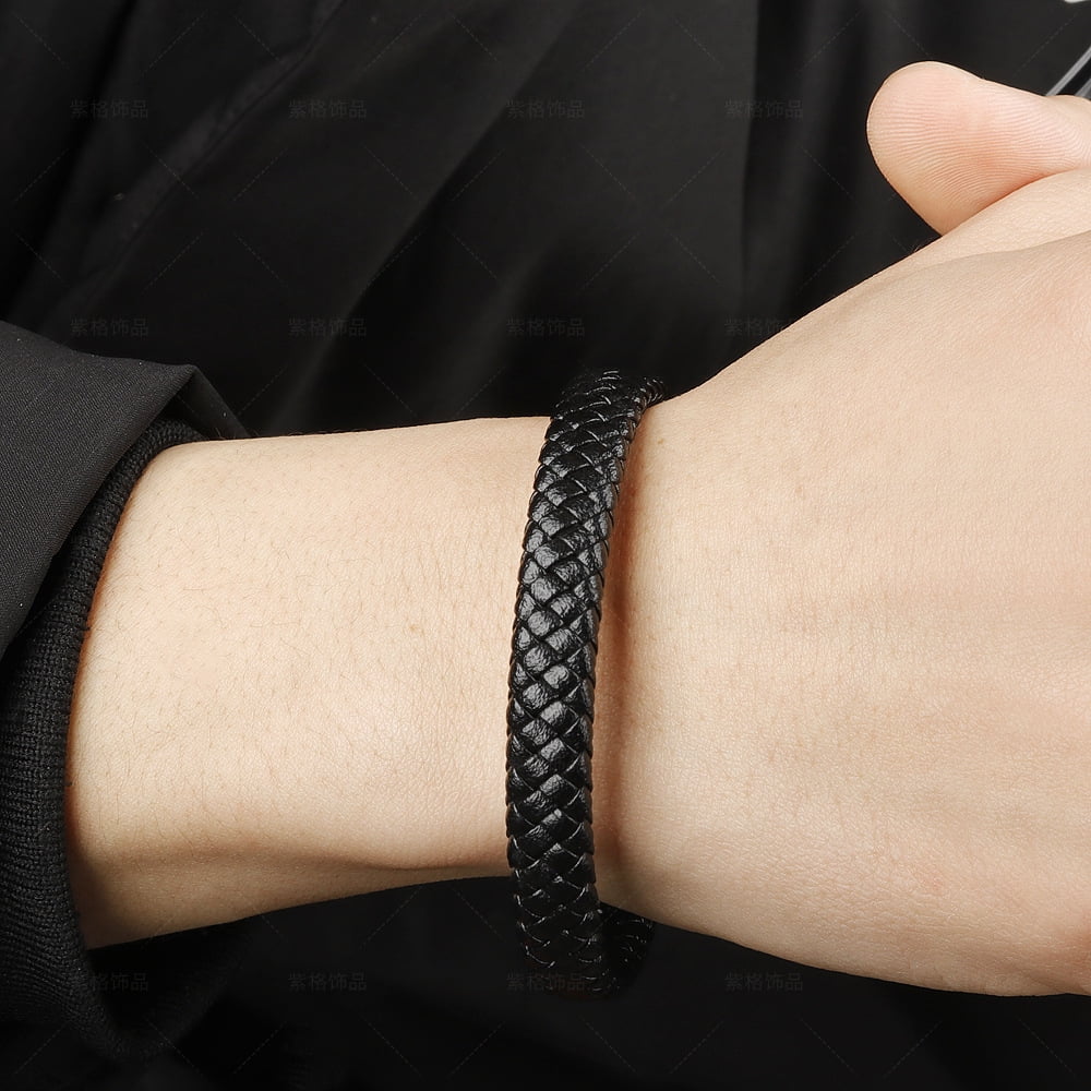 UISHUSO Men'S Braided Genuine Leather Bracelet with Stainless Steel Magnetic Closure