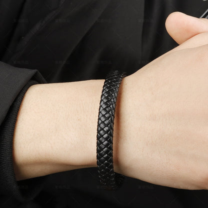 UISHUSO Men'S Braided Genuine Leather Bracelet with Stainless Steel Magnetic Closure