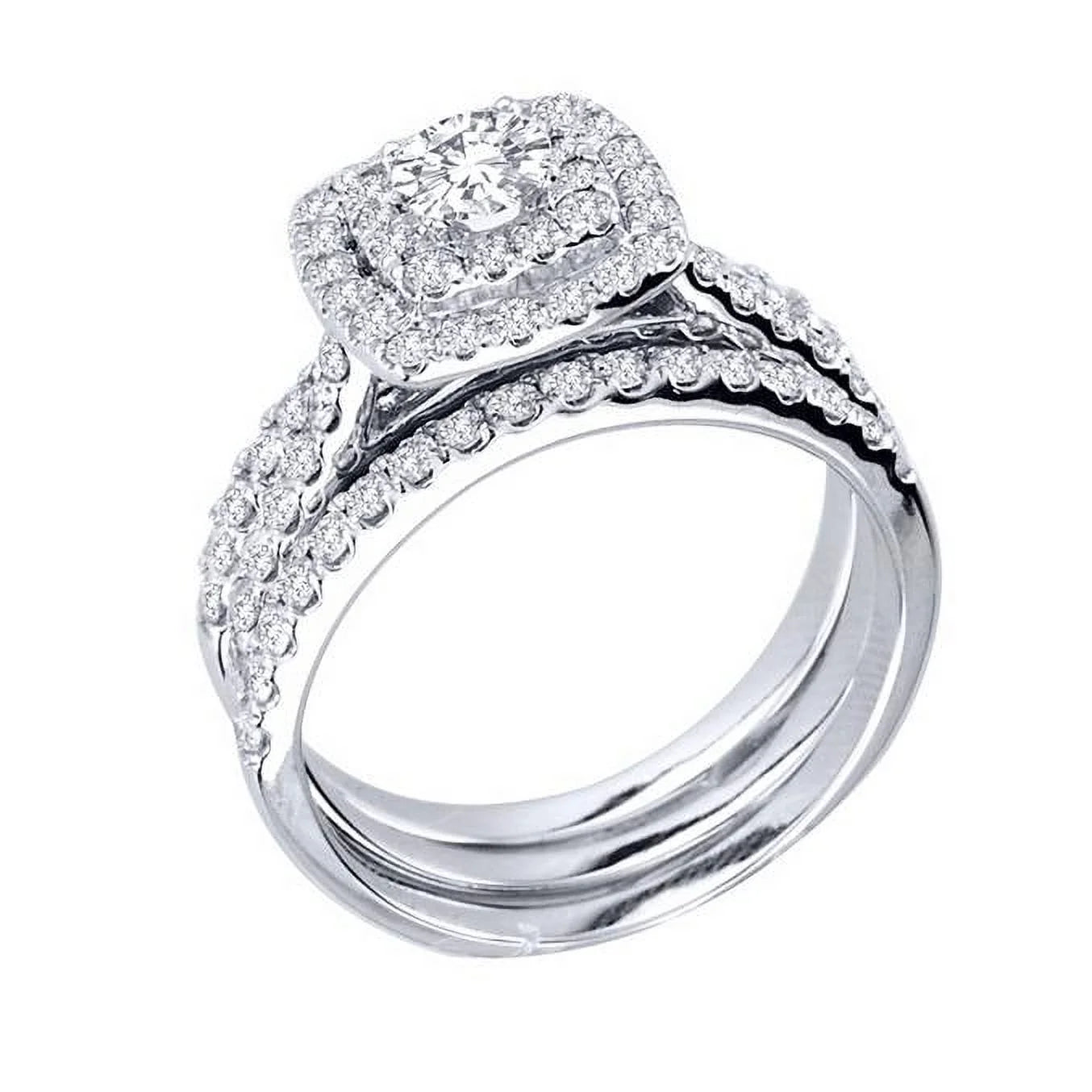 Pompeii 1 1/4Ct Diamond Engagement Cushion Halo Wedding Ring Trio Set 10K White Gold