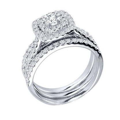 Pompeii 1 1/4Ct Diamond Engagement Cushion Halo Wedding Ring Trio Set 10K White Gold