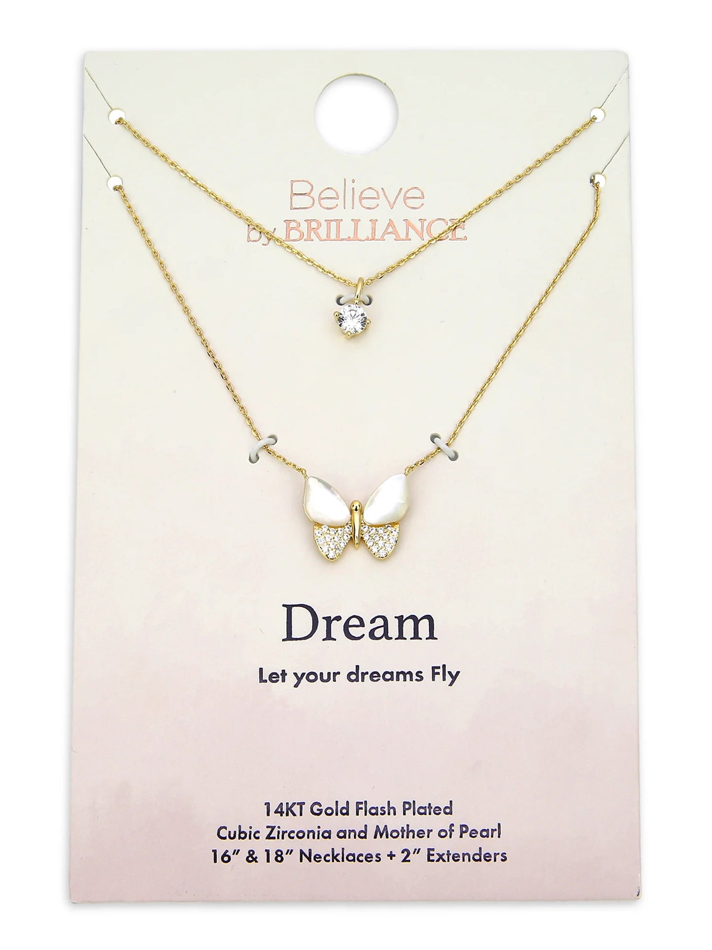 Mother of Pearl & Cubic Zirconia Butterfly Necklaces in 14KT Gold Flash Plated