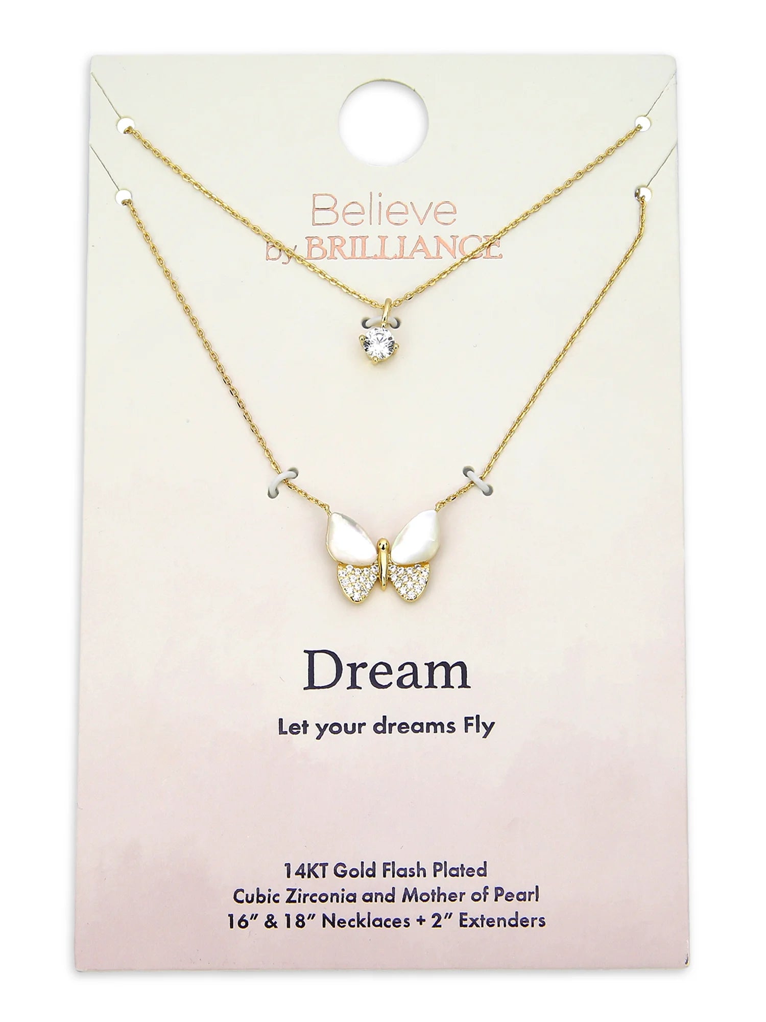 Mother of Pearl & Cubic Zirconia Butterfly Necklaces in 14KT Gold Flash Plated