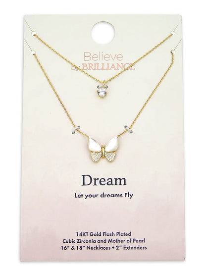 Mother of Pearl & Cubic Zirconia Butterfly Necklaces in 14KT Gold Flash Plated