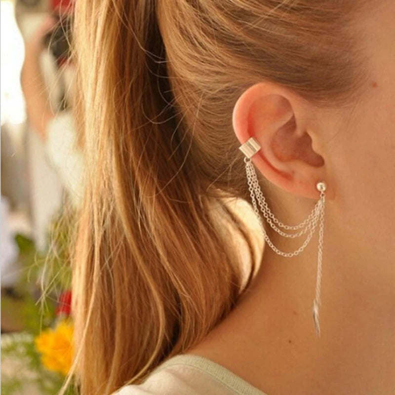 7Pcs Ear Cuff Fake Lip Helix Cartilage Clip on Wrap Earrings Kit Non Piercing Tassel Drop Earrings Jewelry Set for Women