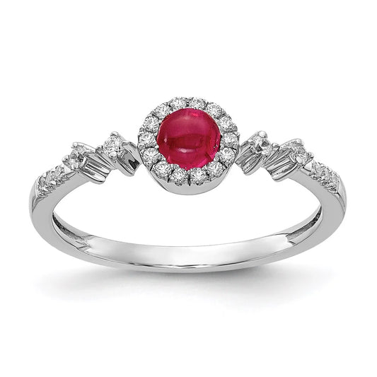 Real 14Kt White Gold Diamond and Cabochon Ruby Halo Ring Size: 7; for Adults and Teens; for Women and Men